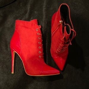 Brand New, Fire Red, Patent Leather, Stiletto Booties with 5 inch heels, Size 9